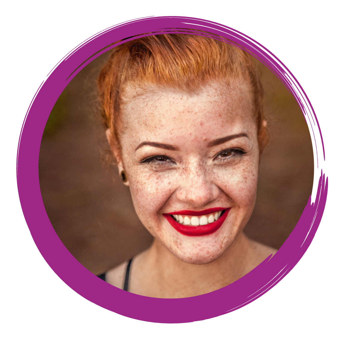 Image of a smiling woman with red lipstick inside a purple circle border
